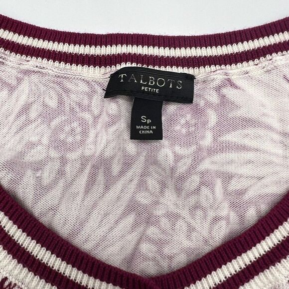 Talbots Women's Sweater Petite S Burgundy Floral Print Long Sleeves Button Up - Picture 2 of 4